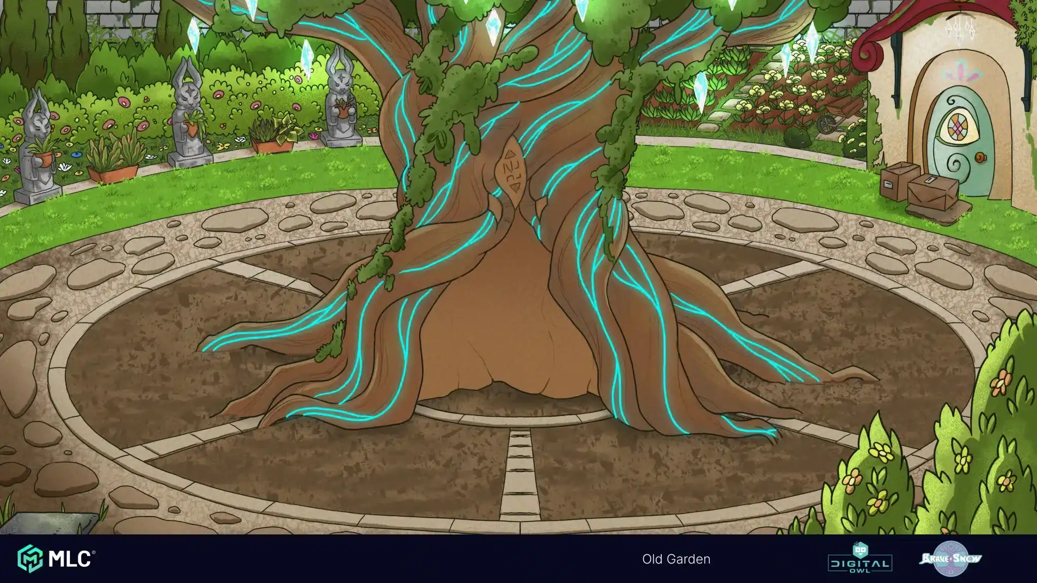 Ancient tree with glowing blue veins in a whimsical garden setting.