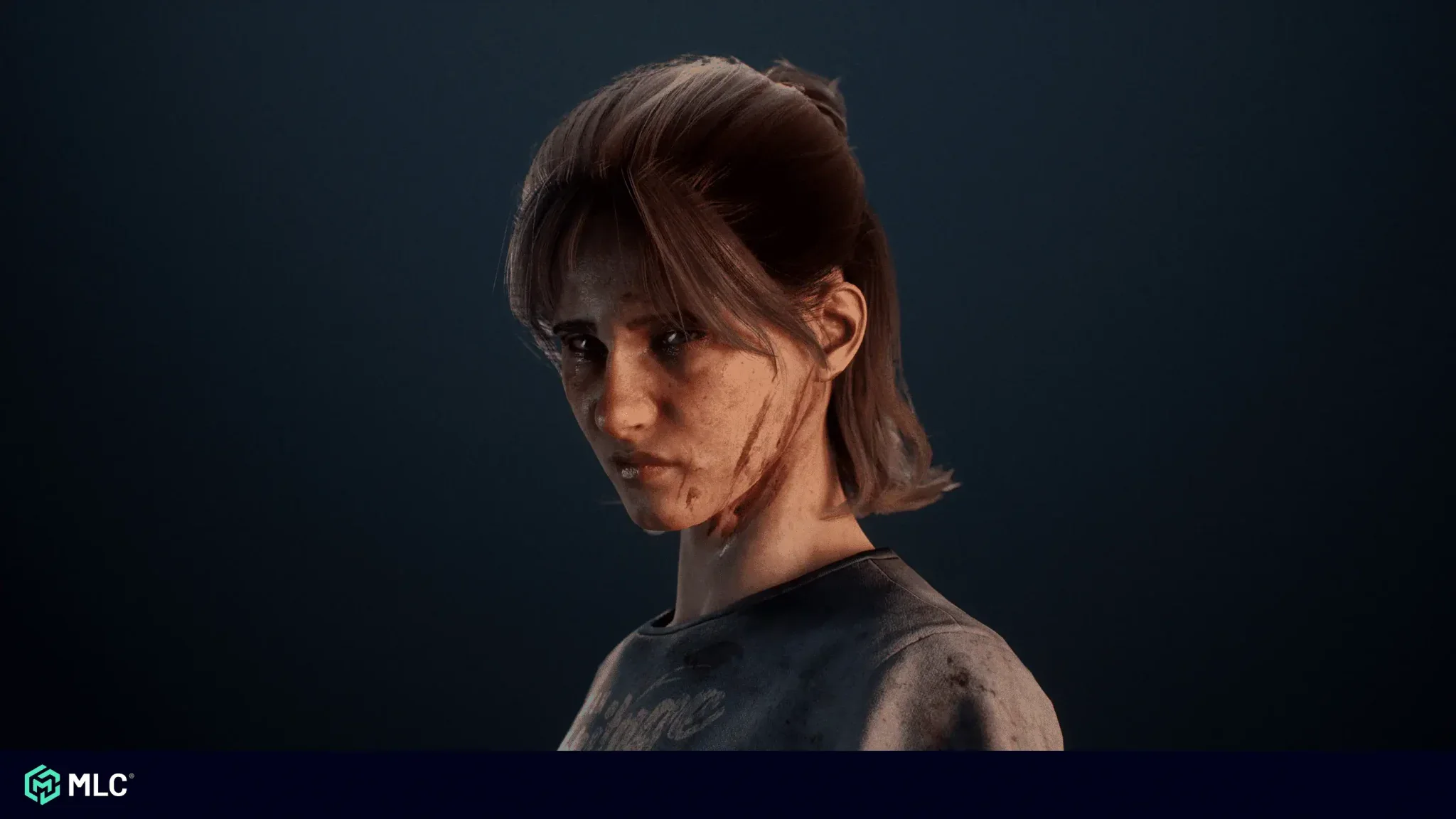 Detailed portrait of a young woman with dirt and scars on her face, wearing a black shirt, against a dark background, realistic 3D rendering, cinematic lighting, edgy and intense vibe.