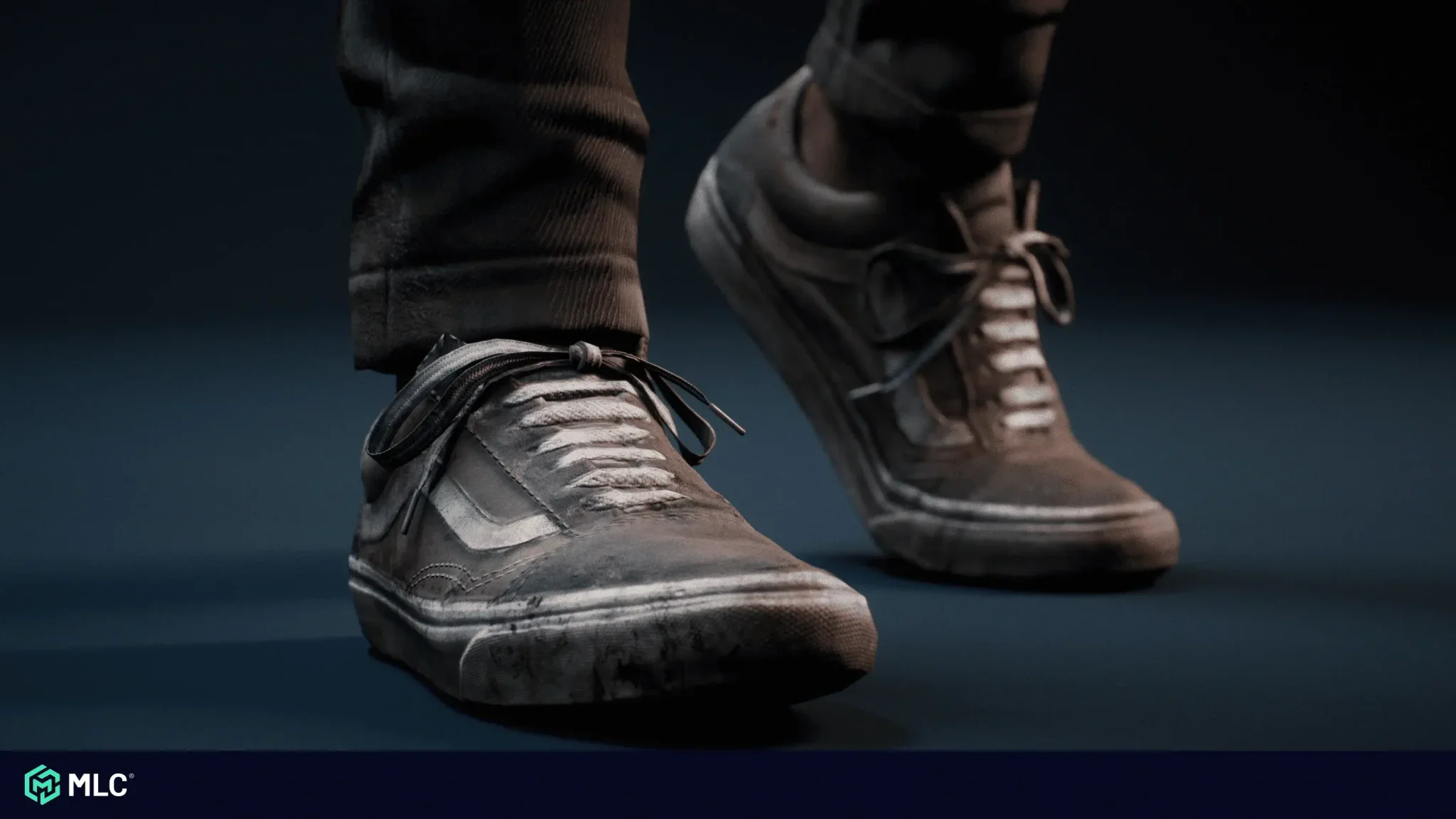 Dirty white sneakers with black laces on a dark background, worn by someone standing, close-up shot, photorealistic style.