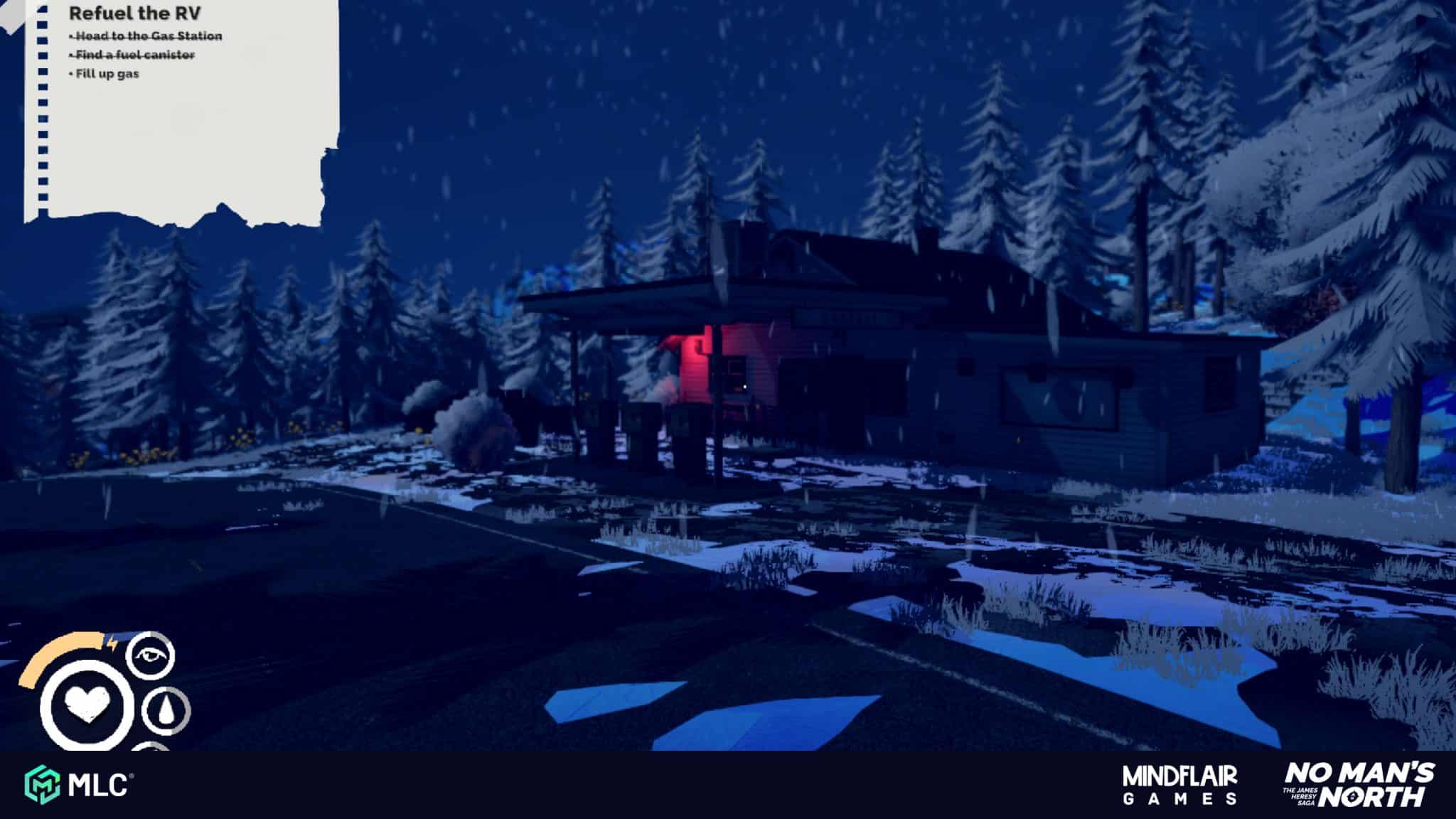 Refuel the RV at night in a winter landscape with snow-covered trees and a dark sky, illuminated by a pink light on the wooden house, with pine trees and snow on the ground, creating a moody atmosphere.