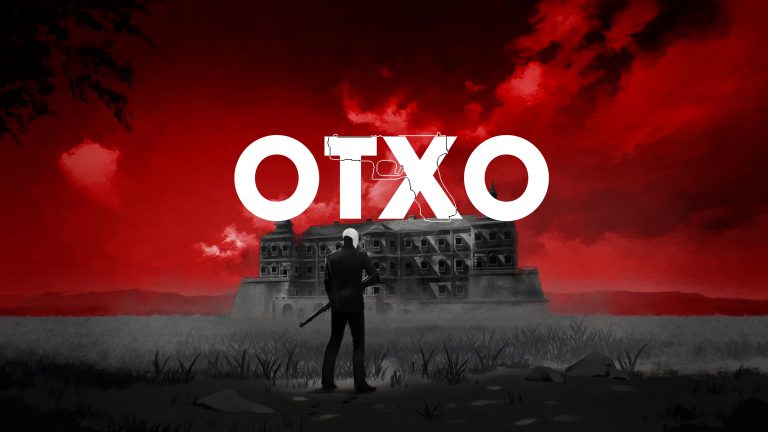 Otxo-game-cover-illustration-with-red-sky-and-man-holding-a-weapon-in-front-of-a-destroyed-building-sketch-style.