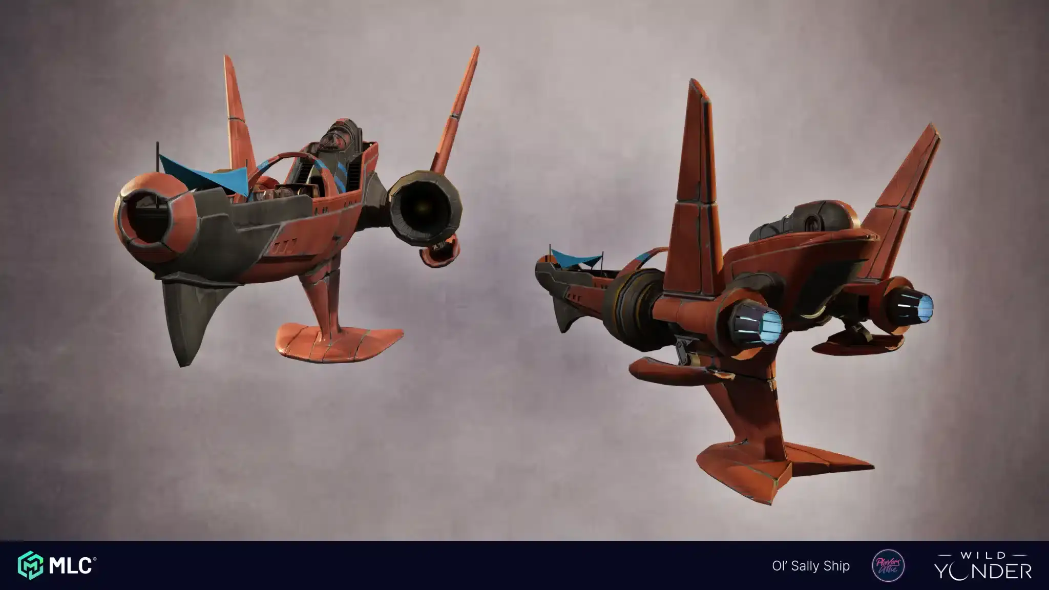 Futuristic red-orange spaceship with sleek design, wings, and thrusters, displayed from front and rear angles, designed for game art and animation projects.