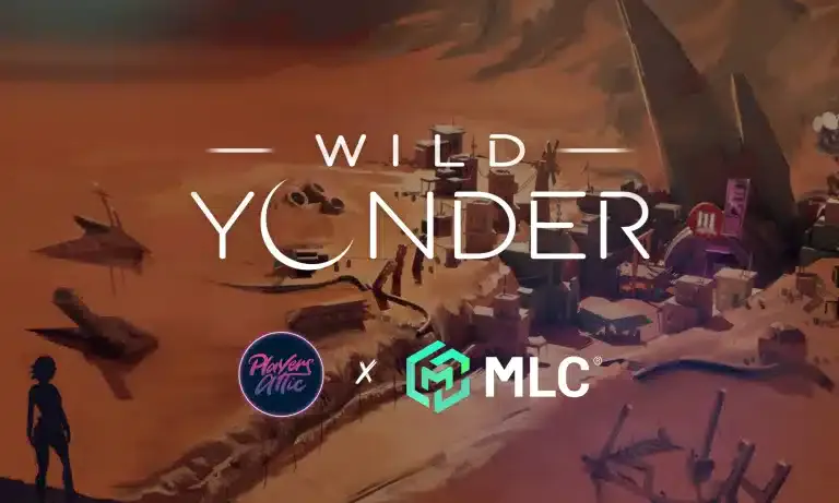 Wild Yonder game concept art with a desert landscape, structures, and a silhouetted character, promoting collaborative game development by MLC Studio and Havery Aliic.