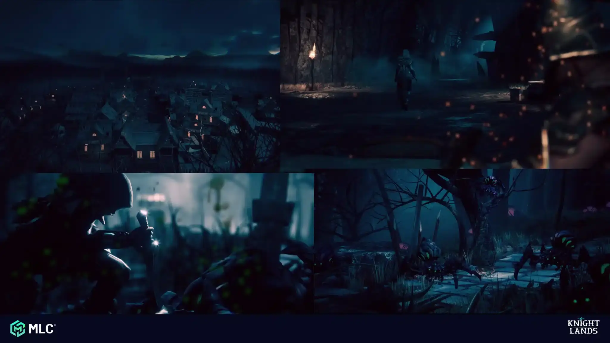 Night-time dark fantasy game environment showcasing eerie landscapes, mysterious forest creatures, and atmospheric lighting from a cinematic perspective.