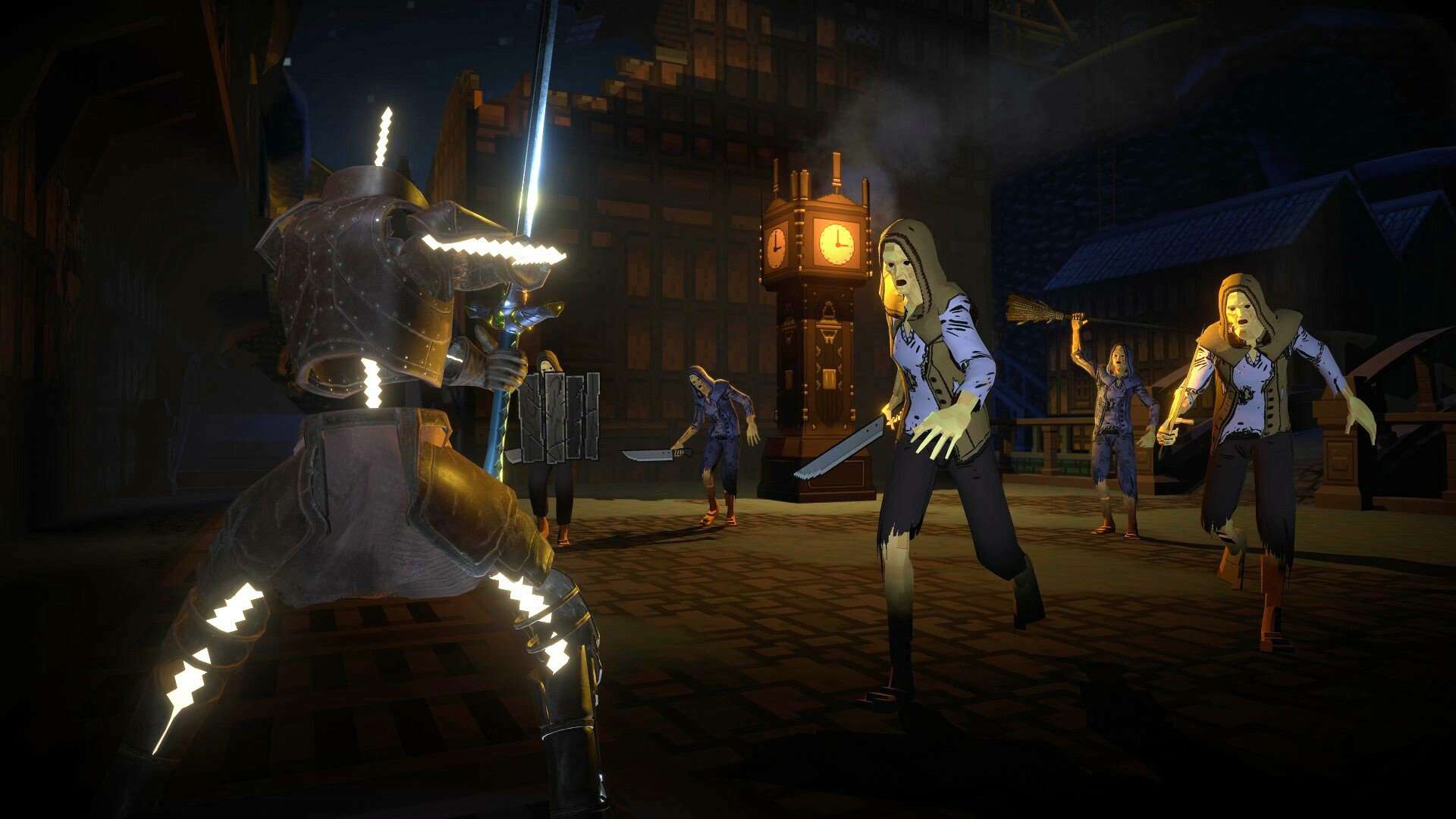 Badly animated zombie fighting a futuristic armored knight in a dark urban setting at night. The scene is filled with eerie lighting, zombie characters, and a tense atmosphere.