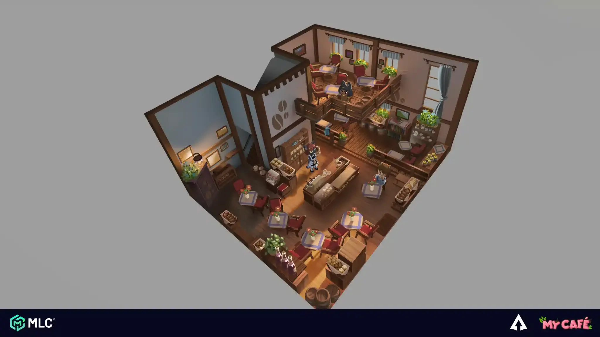 Living room interior in a cosy, rustic style, with wooden furniture, flowers, and characters, 3D game art for indie game development.