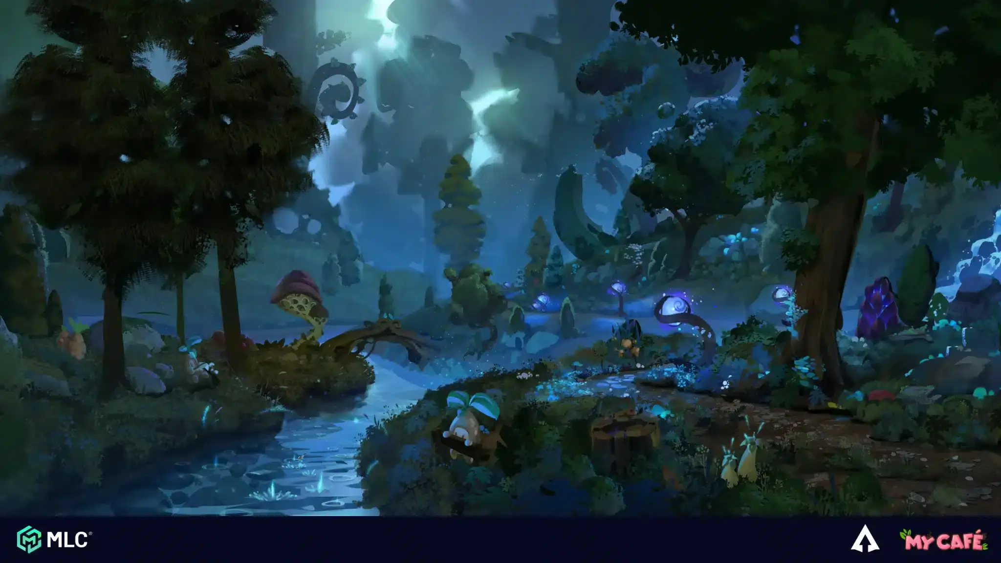 Mystical enchanted forest with glowing flora, oversized mushrooms, and a tranquil stream illuminated by ethereal blue light, creating a fantastical, magical environment perfect for game art or animation.