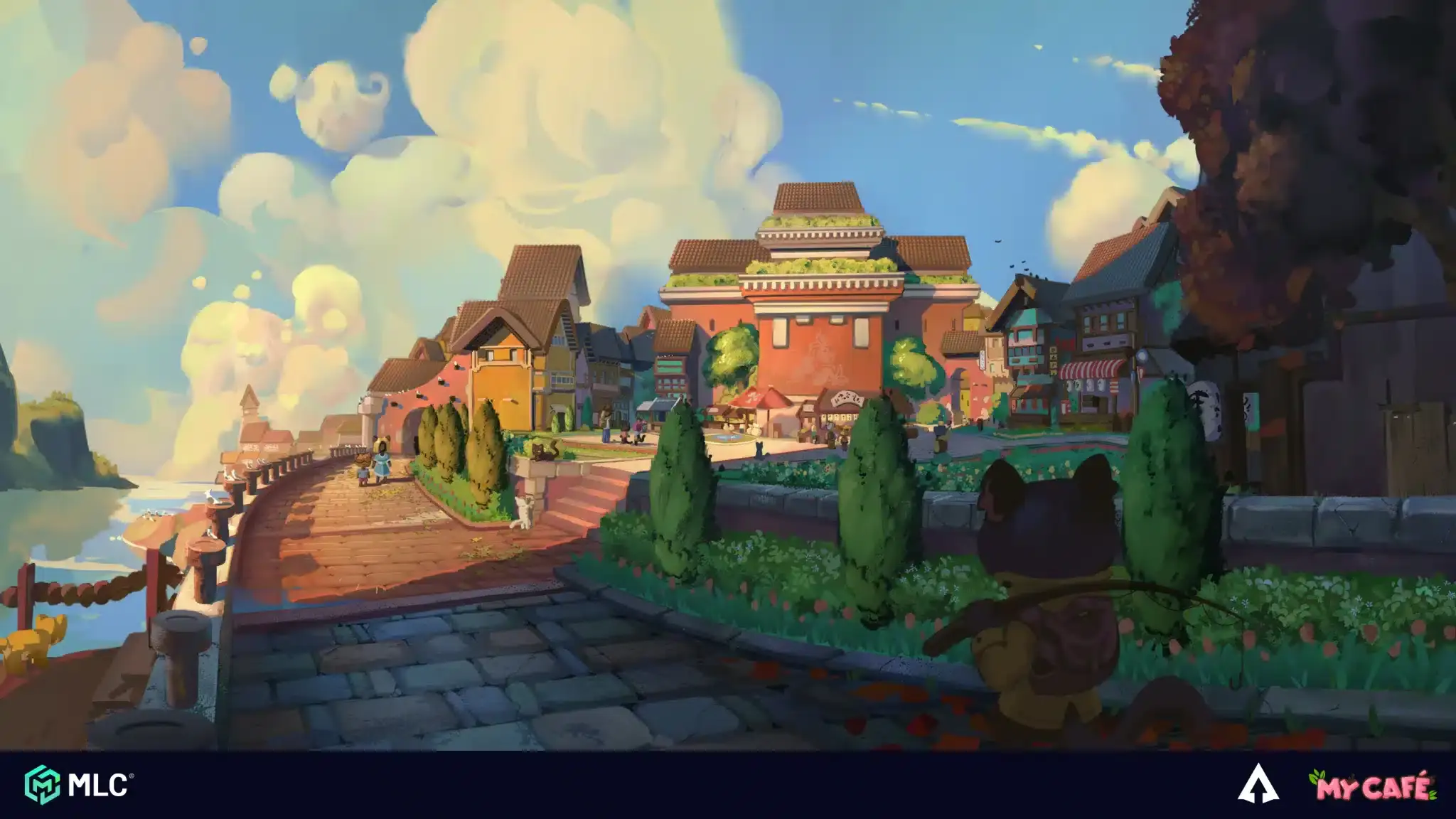 Venetian-inspired village with colorful buildings, lush greenery, and a bright sky, creating a lively and picturesque town scene.
