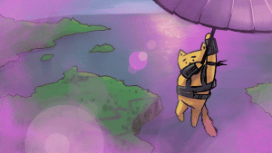 A cute cartoon-style cat holding an umbrella on a rainy day over a scenic landscape with a lake and islands in pastel purple, green, and pink tones.