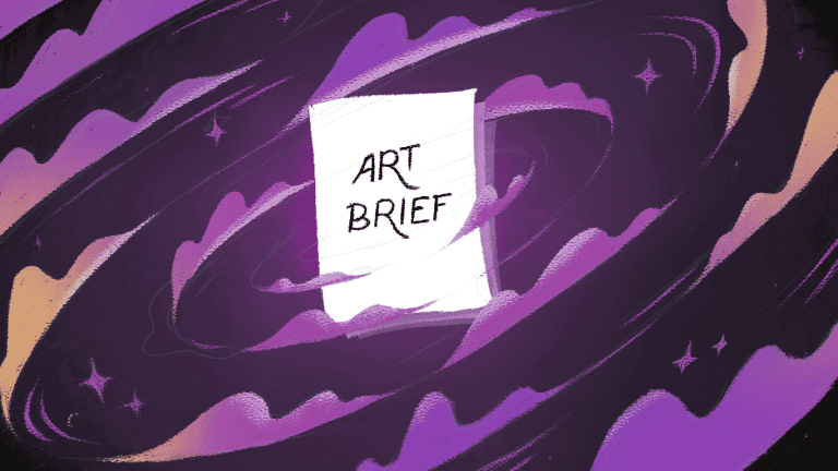 Art brief illustration with cosmic background in purple tones, featuring swirling clouds, stars, and a piece of paper with 'ART BRIEF' written on it, styled in a digital painting or concept art style.