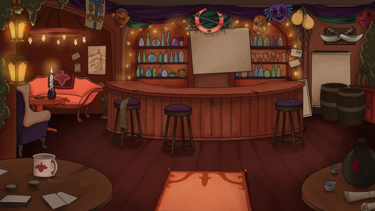 Bar counter with colourful potion bottles, mystery masks, and lit string lights in a cozy themed tavern setting; fantasy game art scene.