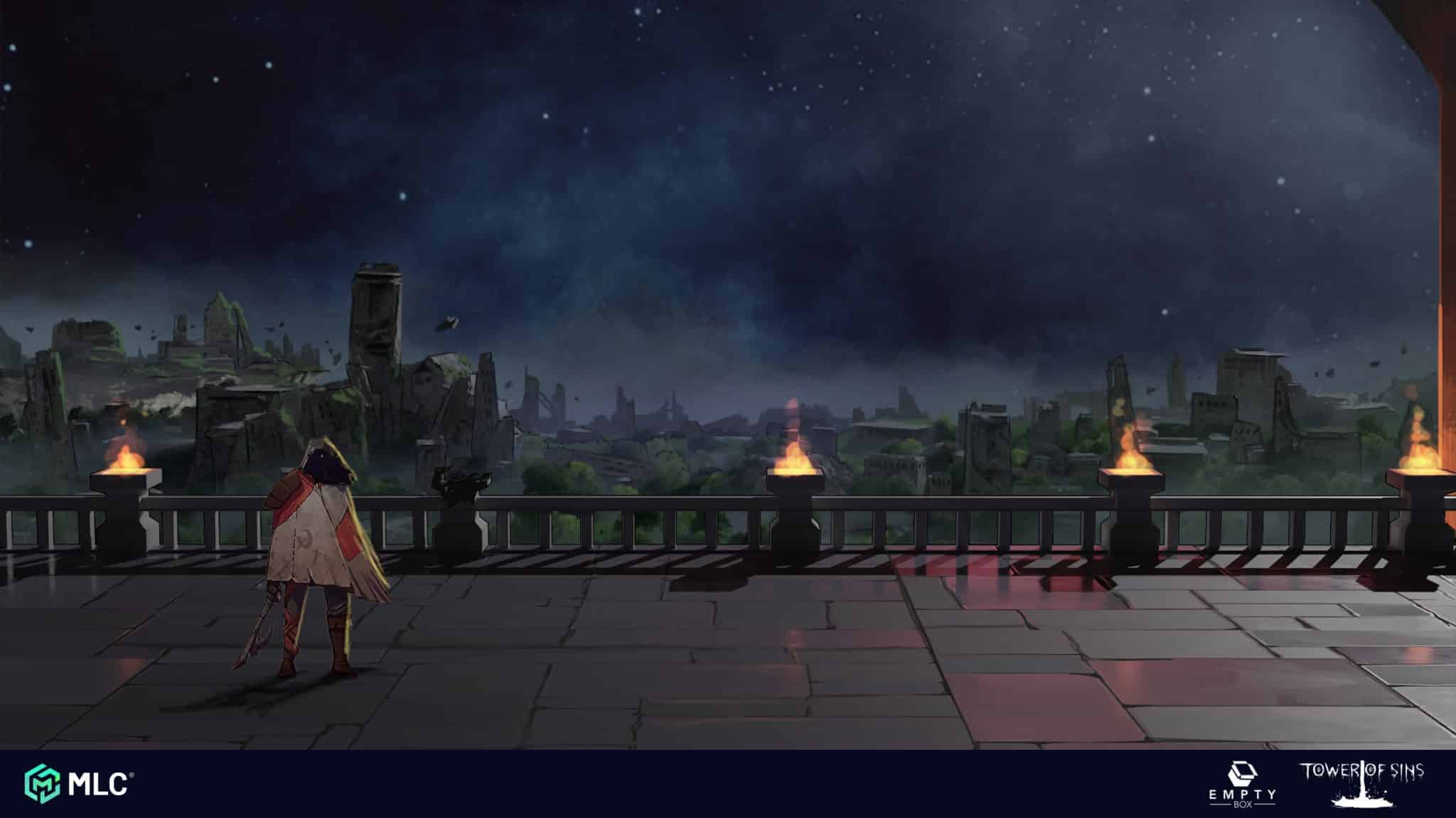 Ashes on a stone balcony overlooking a ruined cityscape under a starry night sky, cinematic fantasy scene with a lone character in detailed clothing exploring the environment, dark atmosphere with glowing fires, concept art style, digital painting.