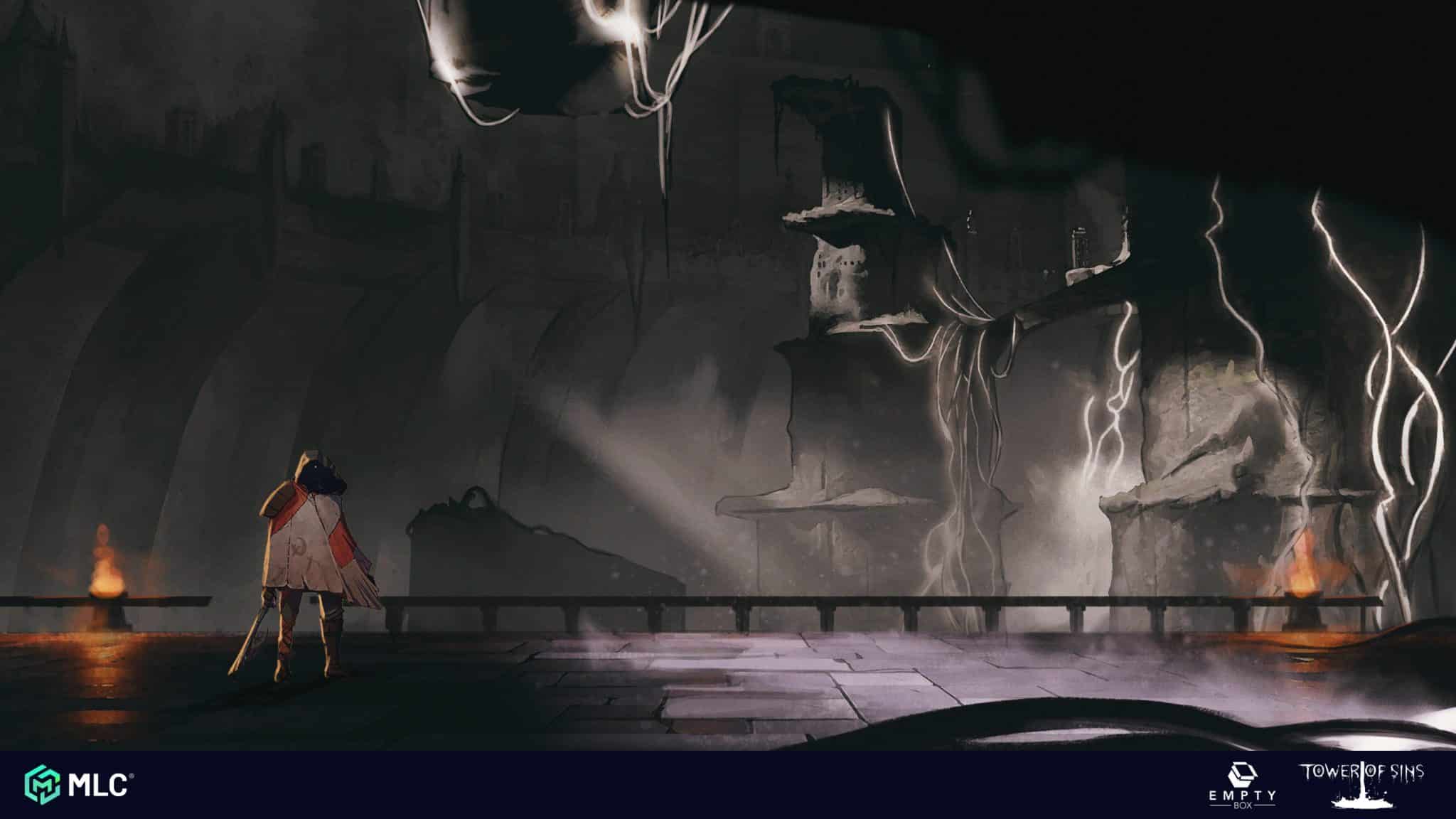Dark, atmospheric scene with a lone character in a futuristic, ruined environment illuminated by lightning and fire, featuring a mysterious and ominous tone with towering structures and floating platforms.