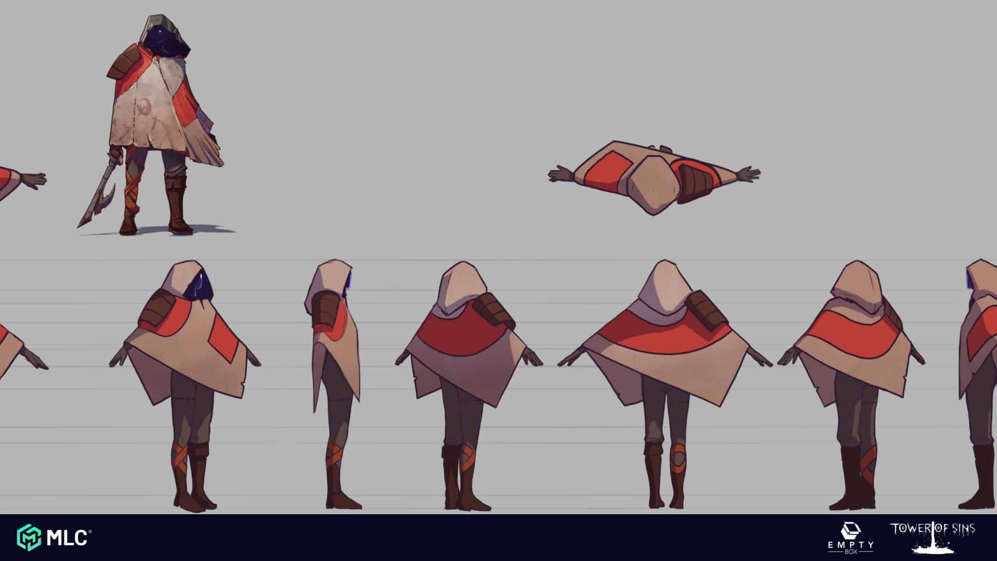 A character concept art design featuring a hooded figure in a cloak with multiple views and poses, including lying face down and standing ready, in a stylised animated style.