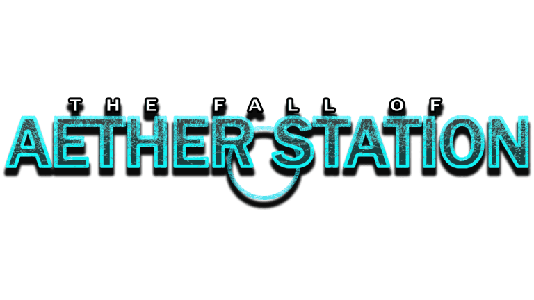 Aesthetic neon sign reading "The Fall of Aether Station" with glowing blue outline and dark background.