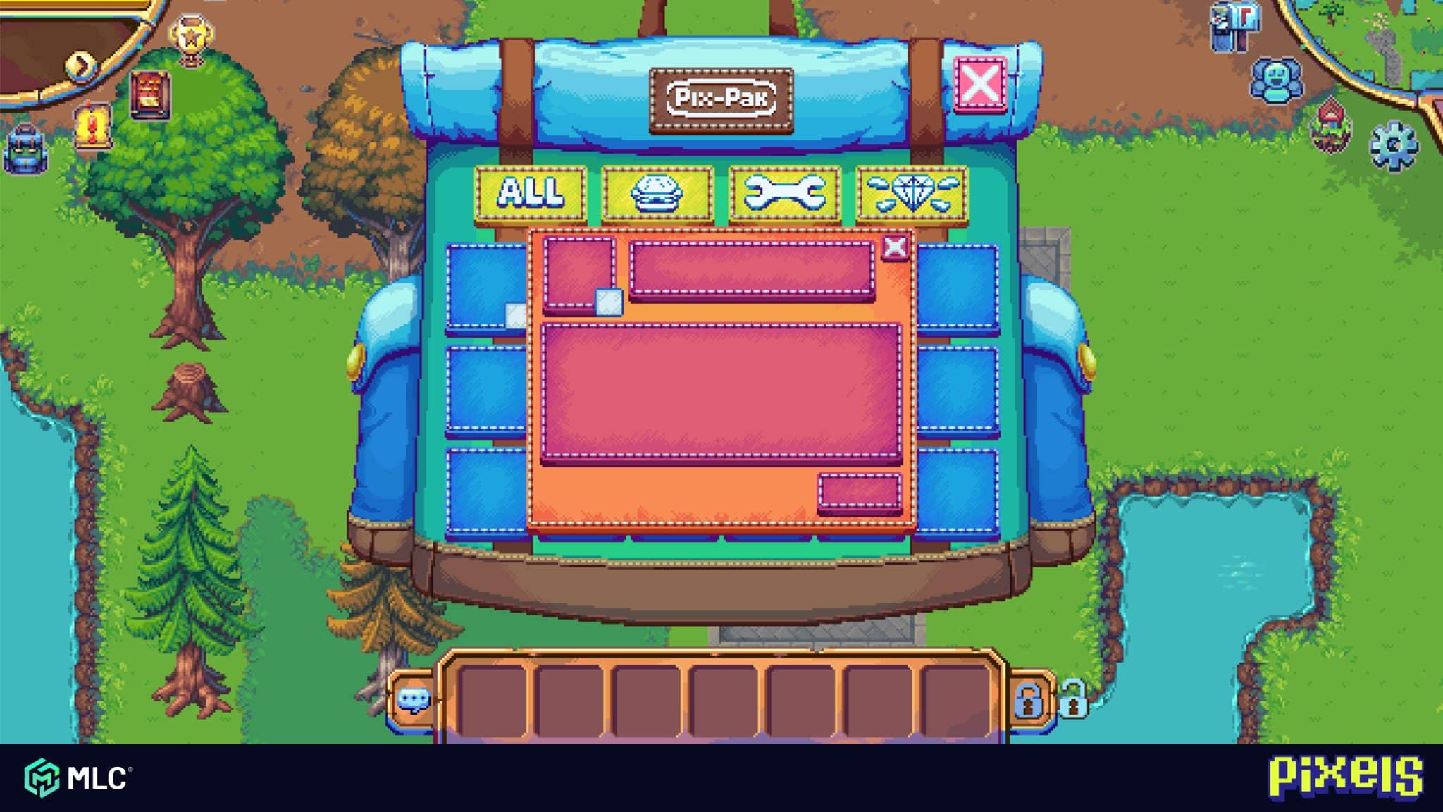 Cutting and pasting in pixel art style with game environment, creative game design, colourful cartoon forest with trees, water and app interface, 2D game graphics, indie game asset style, vibrant and playful atmosphere.