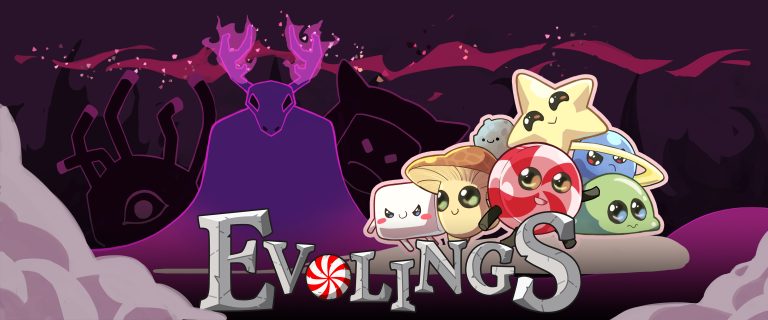 Heart-shaped candy character with big eyes and smile, surrounded by adorable game creatures including a star, mushroom, and a cloud, with dark fantasy background and "Evolings" logo at the bottom.
