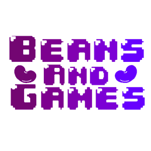 Beams and games logo with pixel art style in purple and blue colours, featuring retro gaming elements and text design, suitable for branding or promotional material for indie game developers.