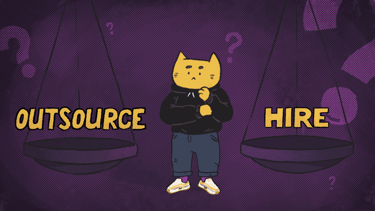 A cartoon cat standing at the centre of the image, considering the options of outsourcing or hiring, with scales on each side representing the decision-making process against a purple background with question marks.