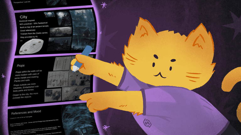 Armoured cat character drawing, cartoon style, wearing purple hoodie, pointing at a digital display, vibrant and playful atmosphere, video game concept art, animation style, furry character design, fantasy environment, creative studio work.