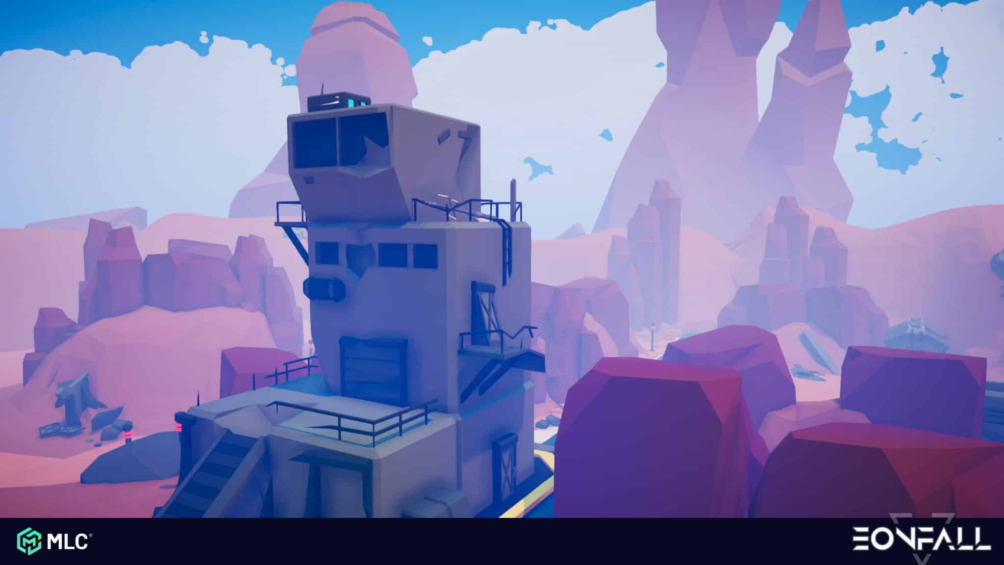 Watchtower on rocky hillside in a colourful, low-poly landscape with mountains and flying birds in the background, digital art for game environment, futuristic and minimalistic style.