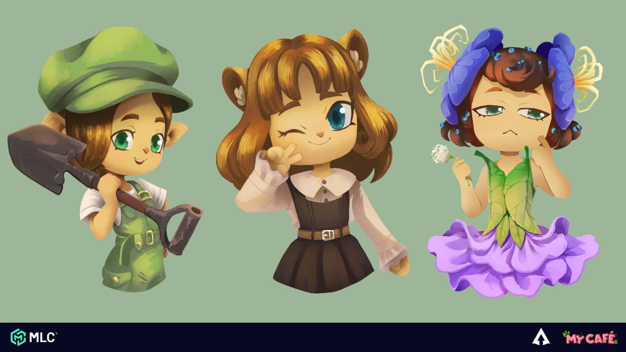 Cute fantasy characters with elf, human, and fairy features in colourful costumes on a mint green background.