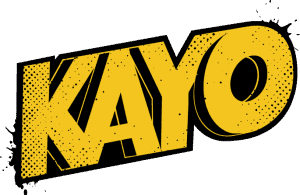 Kayo logo in bold yellow 3D lettering with dotted graffiti style design set against a black background.