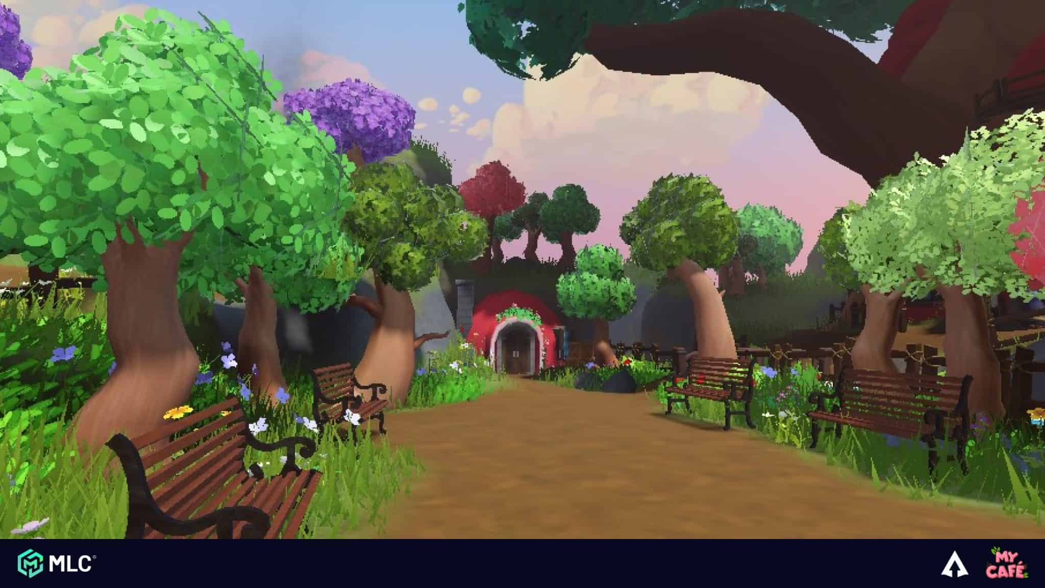 Benches in a colourful pixelated park scene with trees, flowers, and a path leading to a red door in the distance, digital art style.