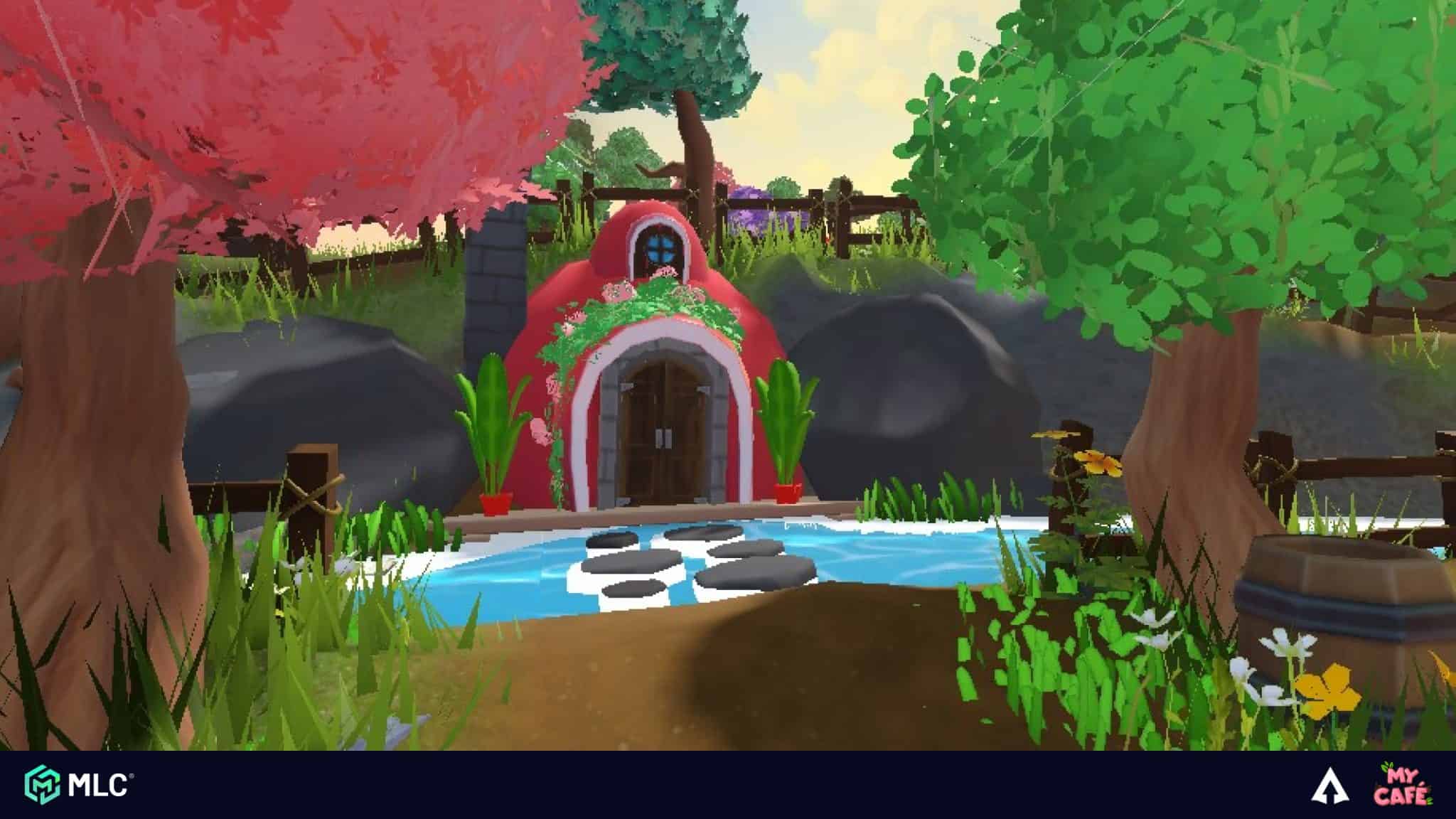 Flower cottage with pink and green trees, pond with stepping stones, in a colourful, animated 3D game environment, whimsical and inviting scenery for game art and marketing content.