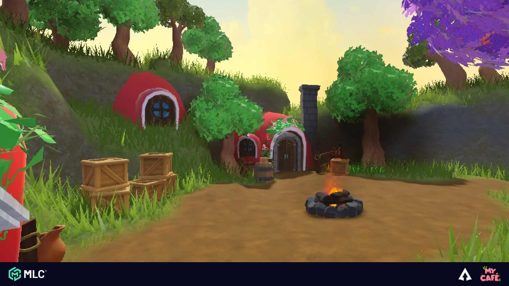 Fire pit in front of cozy mushroom-shaped houses in lush green forest, animated game art scene, indie game environment, colourful whimsical landscape, relaxing outdoor setting, vibrant natural colours, fantasy style.