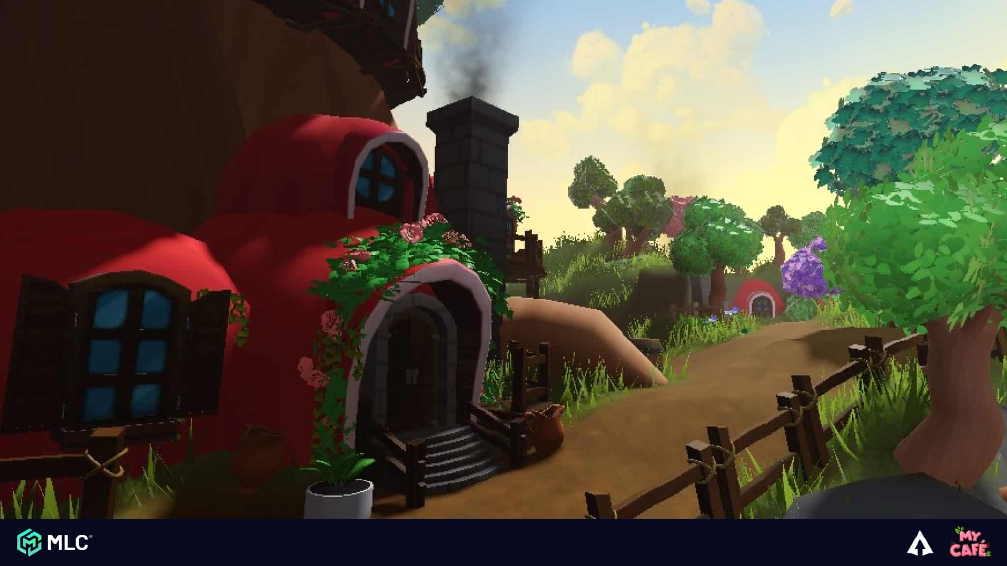 Red cottage with blue windows and flowers, pixel art style, set in a lush green landscape with trees and a dirt path, colourful and enchanting village scene in a video game rendering.