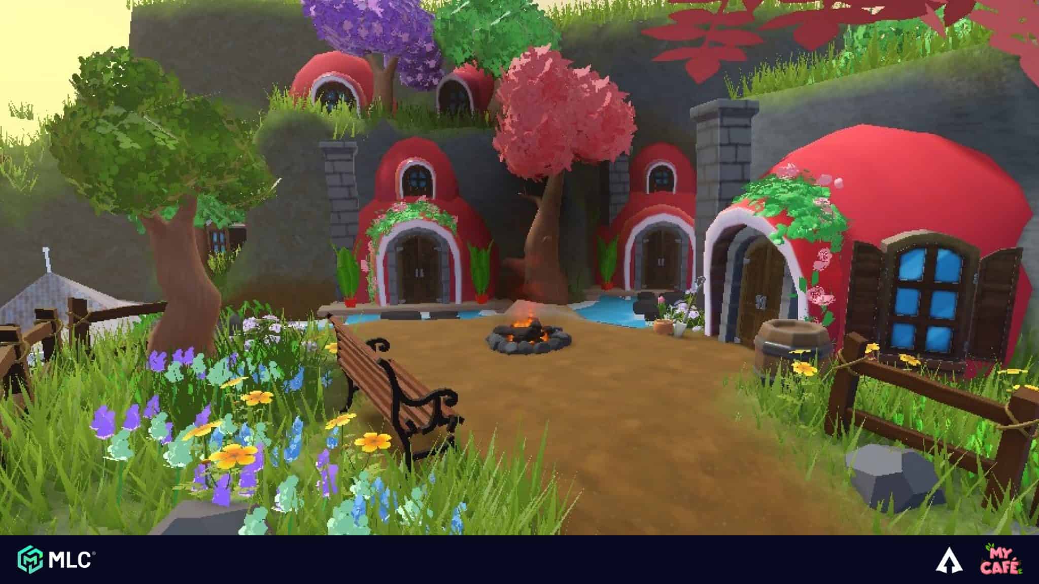 Flower-covered whimsical cottage scene with pink, red, and purple trees, lush green grass, wooden benches, and a campfire at centre, animated style, colourful, fantasy setting.