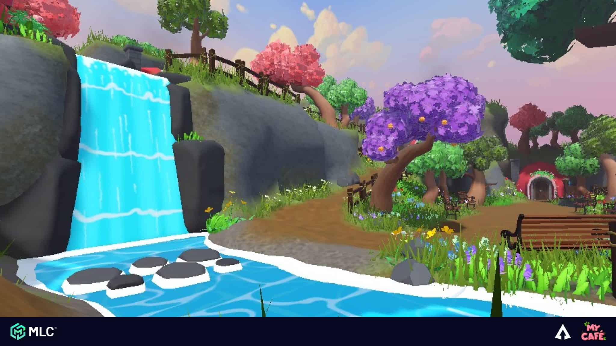 Waterfall in a colourful animated garden scene with trees and benches, in a vibrant, cartoon-style game setting.