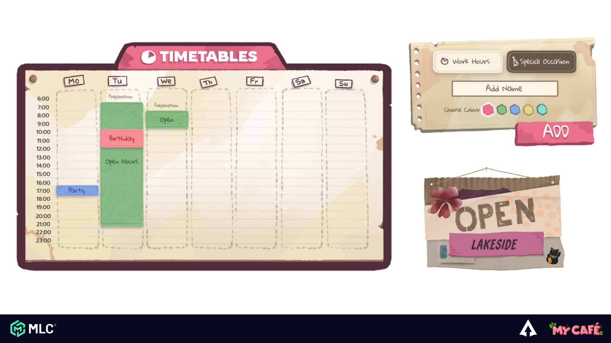Timetables display with colourful scheduled events on a weekly planner, including birthdays, open hours, and parties, with decorative notes and reminder boards.