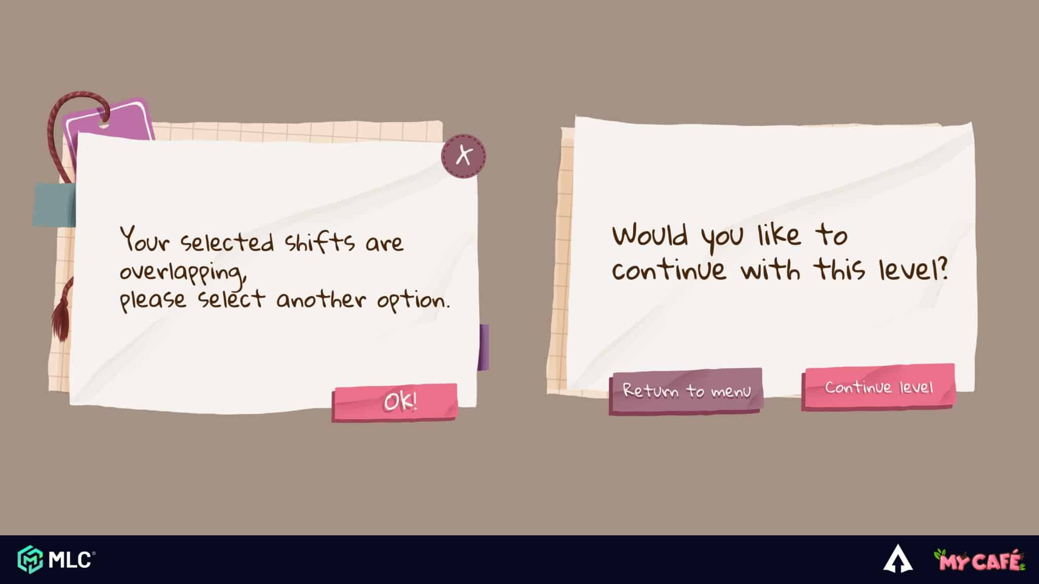 Overlapping shift selection error message screen with handwritten-styled notes and pink buttons, set against a neutral background.