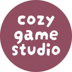 Cozy game studio logo with hand-drawn style white text on a muted purple circular background showcasing a friendly indie game development brand.