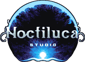 Noctiluca Studio logo featuring a glowing blue and black sphere with stylised text; vibrant and futuristic design perfect for game branding and marketing content.