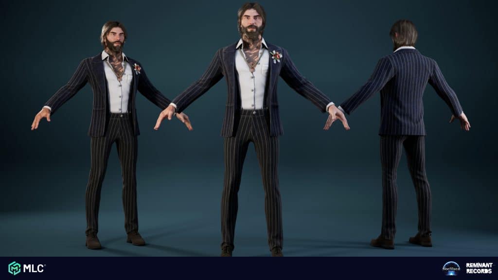 Pinstripe style character model in 3D, dressed in a dark navy pinstripe suit with a white shirt, shown from multiple angles against a dark teal background, detailed and realistic render.