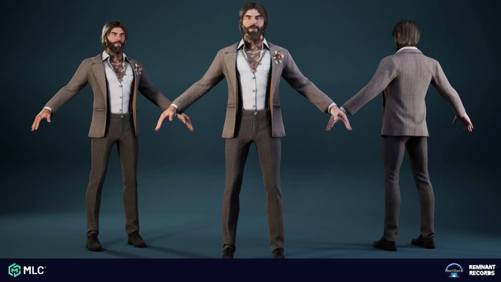 Portrait of a 3D character model with long hair and beard, wearing a brown suit, viewed from front and back, studio lighting, against a dark background.