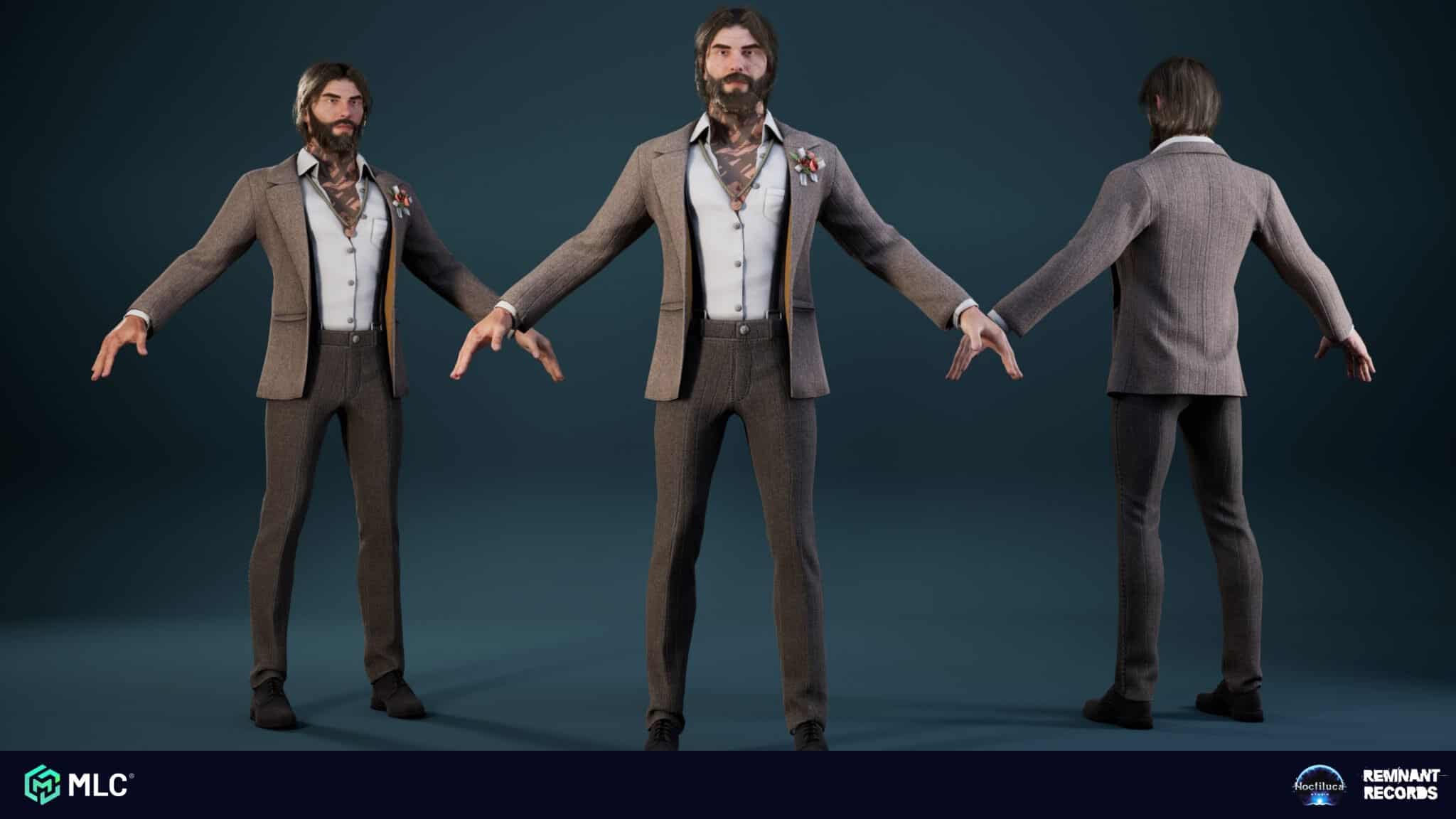 Portrait of a 3D character model with long hair and beard, wearing a brown suit, viewed from front and back, studio lighting, against a dark background.