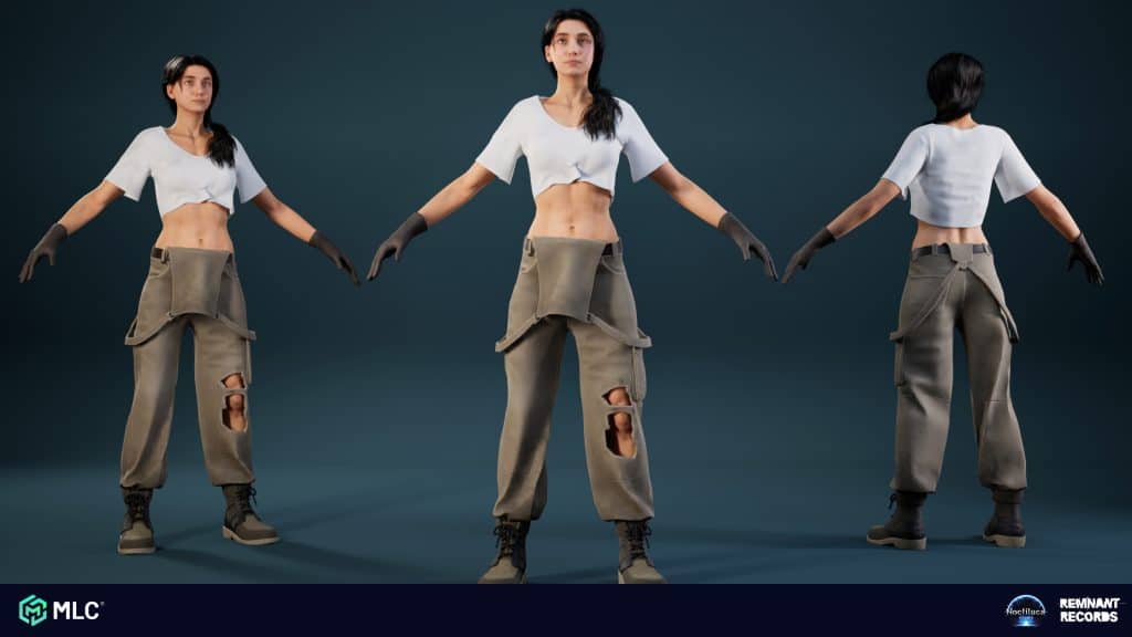 Ragged-out tactical pants with holes, cropped white top, black gloves, dark hair, three angles, studio background.