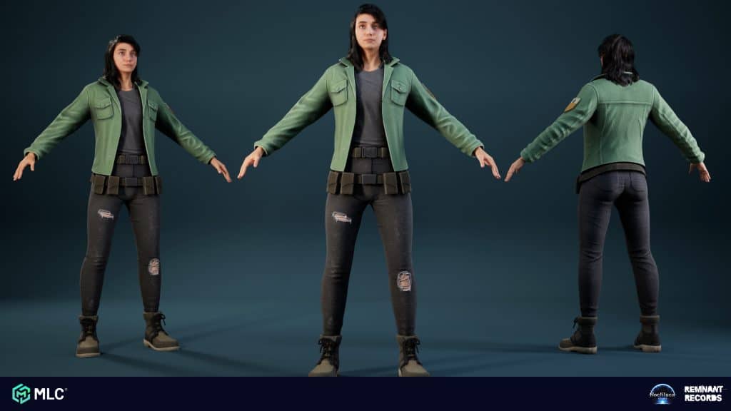 Green military-style jacket with black distressed jeans, standing in a 3D character pose with arms outstretched. Character front, side, and back views showcasing detailed clothing and accessories.