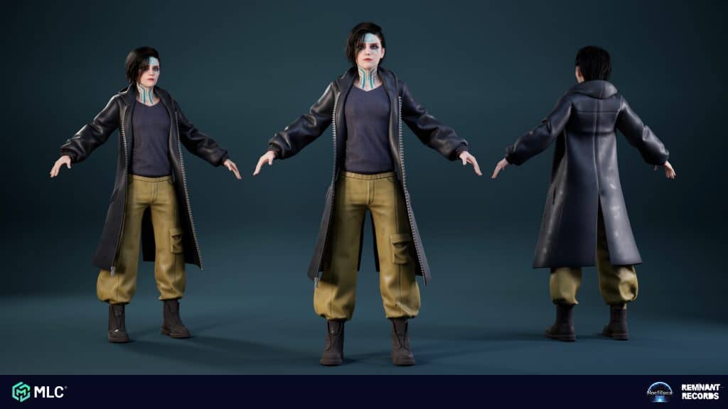 3. A 3D character model of a female sci-fi protagonist with tattoos, wearing a long black coat, cargo pants, and combat boots, showcased from front, side, and back angles.