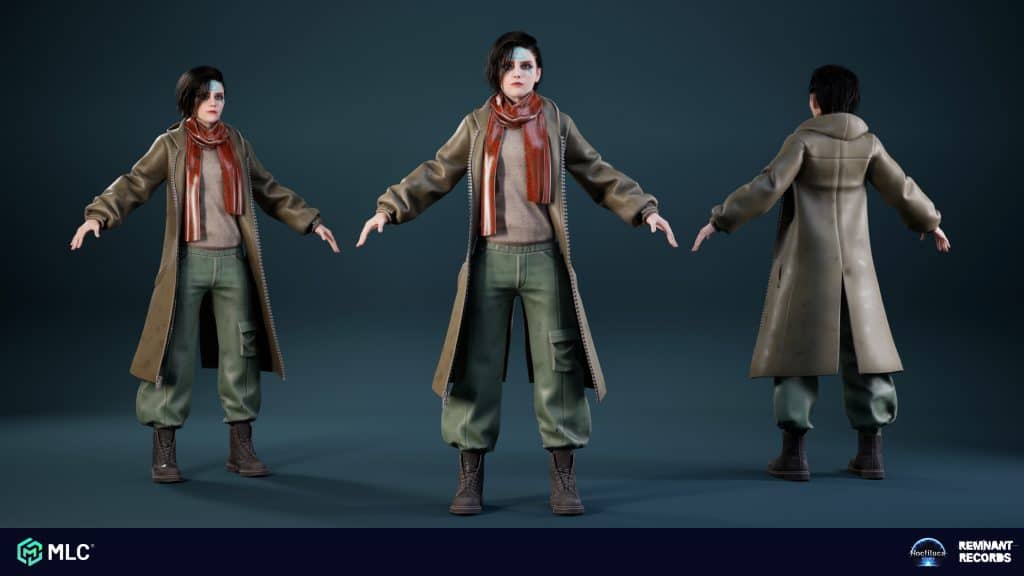 Feminine character 3D model with military-inspired outfit, green trousers, and long coat, shown from multiple angles, designed for game art and animation projects.