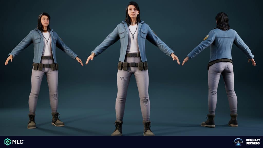 Blue-haired female character in casual tactical outfit, standing in pose with arms outstretched, seen from front and back, 3D-rendered game art style, detailed clothing, urban-inspired, realistic textures, set against dark background.