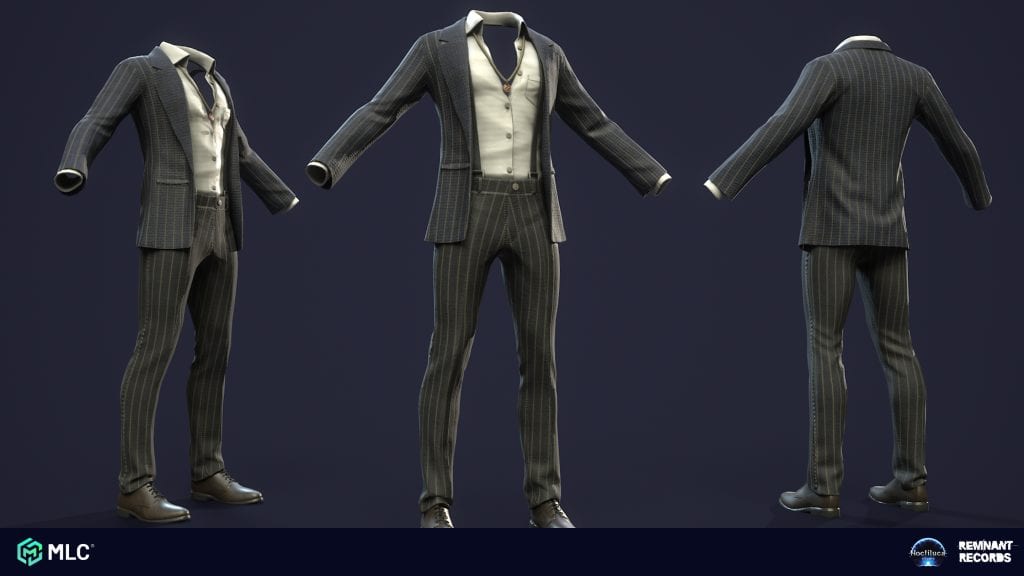 Assertive formal men's suit with a pinstripe pattern and matching pants, shown from multiple angles against a dark background.