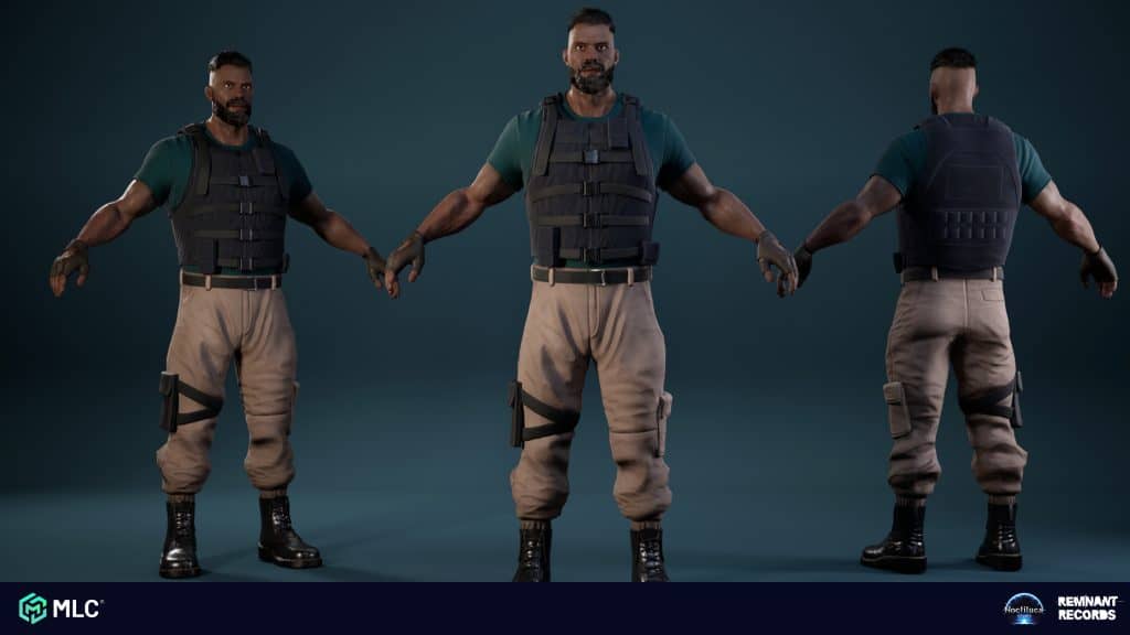 Black tactical vests worn by three male characters holding hands, dressed in combat-style pants and boots, against a dark grey backdrop.