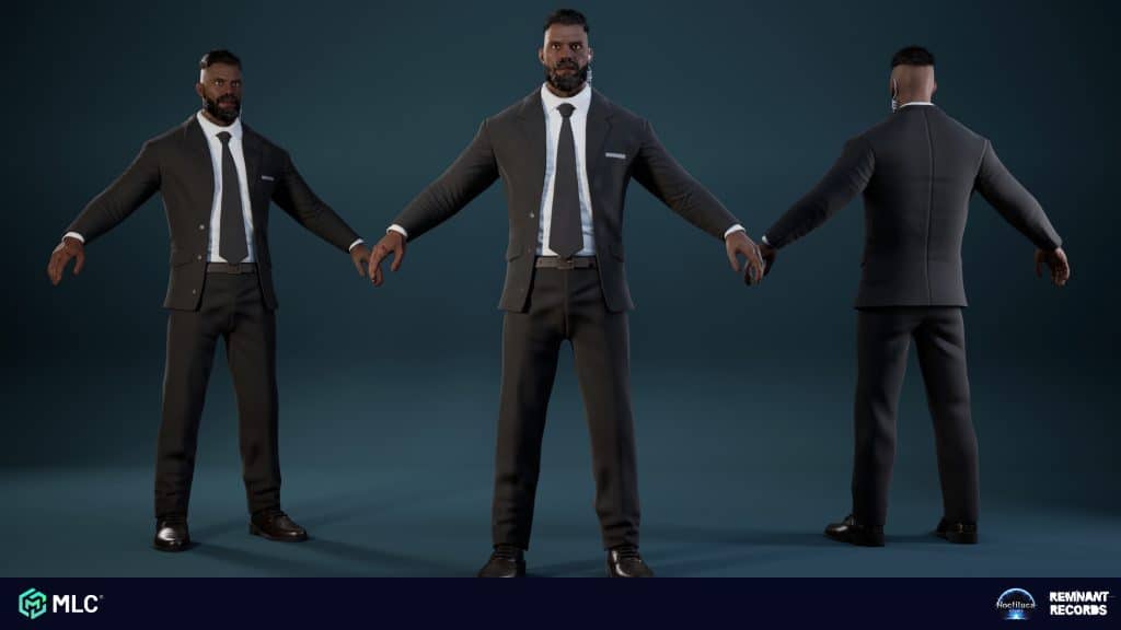 Men in black suits with ties standing in a row, arms outstretched, dark blue background, 3D character models, detailed textures, professional attire, formal look, game art, cinematic style, high-resolution.