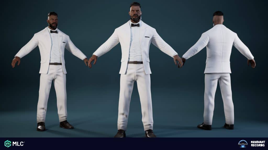 Men in white tuxedos holding hands in a 3D digital image.