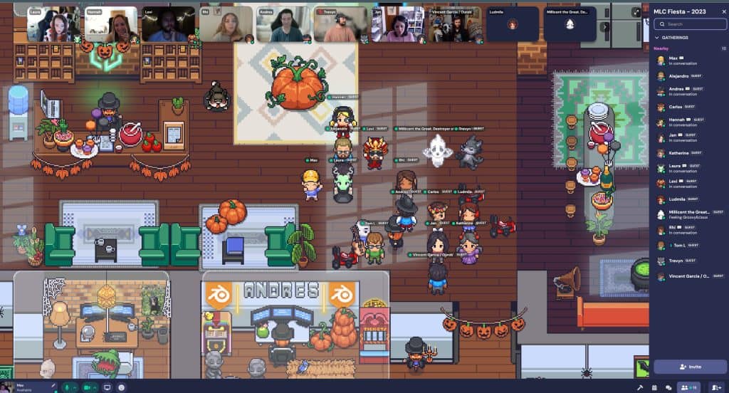 Pumpkin-themed pixel art scene showcasing a virtual indie game event in a cosy, detailed digital environment with characters and festive decorations, vibrant colours and Halloween accents.
